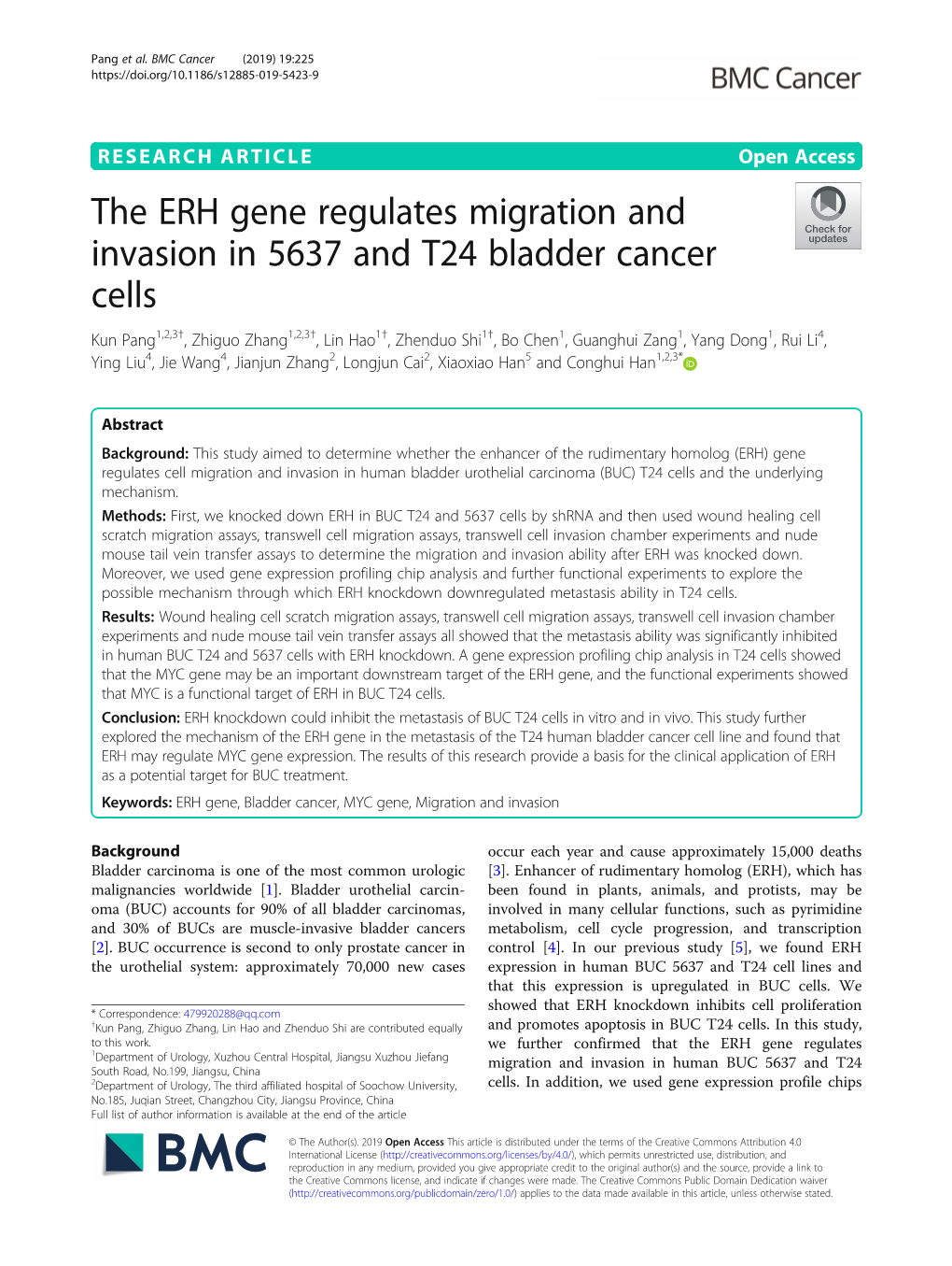 The ERH Gene Regulates Migration and Invasion in 5637 and T24