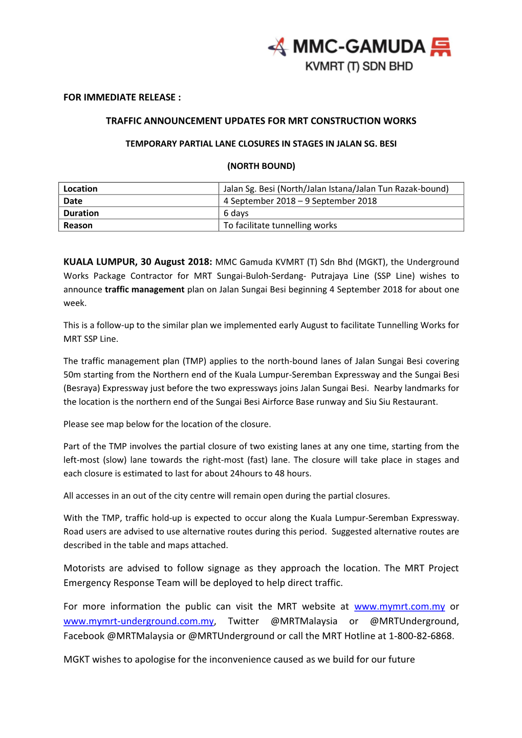 Traffic Announcement Updates for Mrt Construction Works