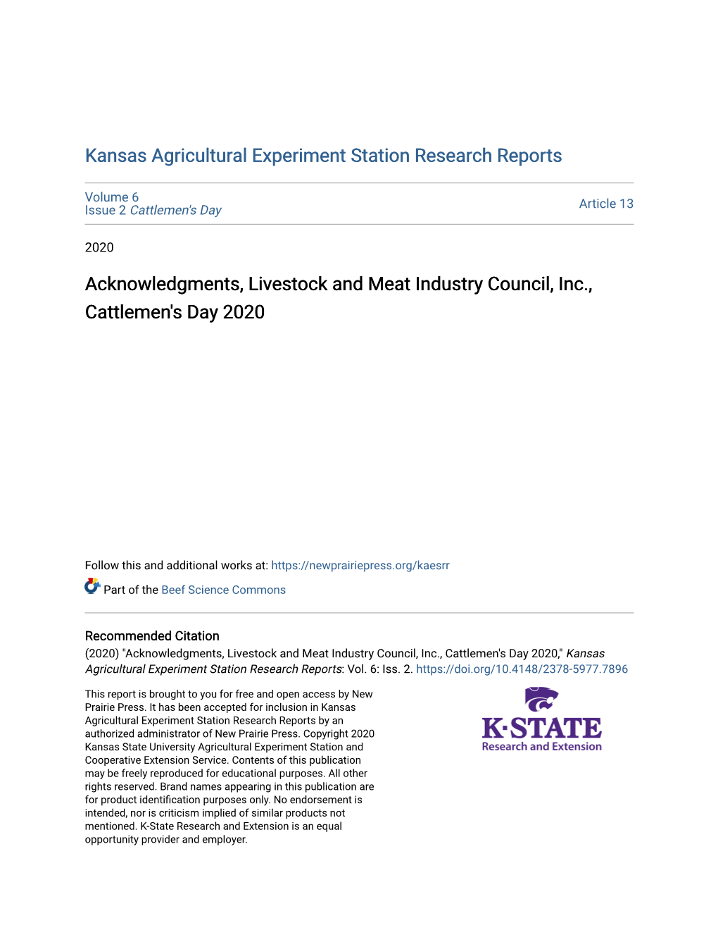 Acknowledgments, Livestock and Meat Industry Council, Inc., Cattlemen's Day 2020