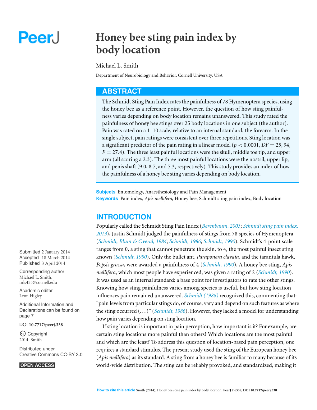 Honey Bee Sting Pain Index by Body Location