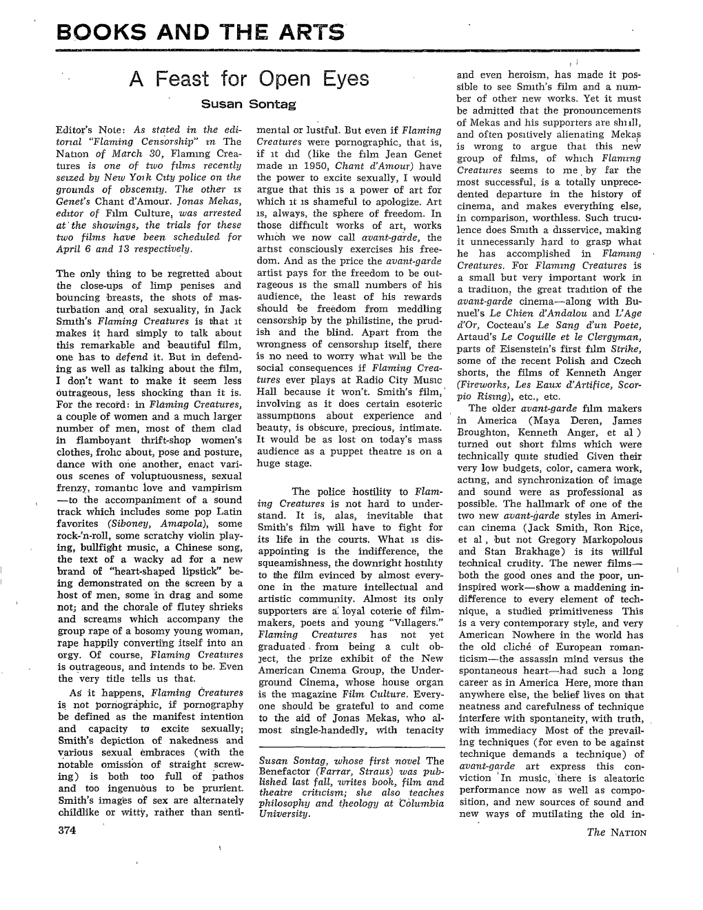 Susan Sontag Be Admitted That the Pronouncements of Mekas and His Supporters Are Sh~Lll, Editor’S Note: As Stated in the Edi- Mental Or Lustful