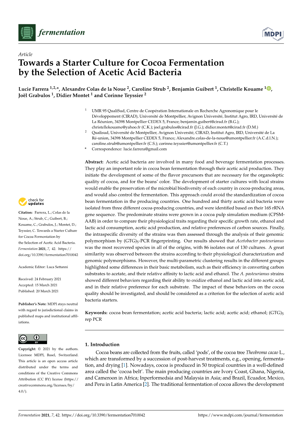 Towards a Starter Culture for Cocoa Fermentation by the Selection of Acetic Acid Bacteria