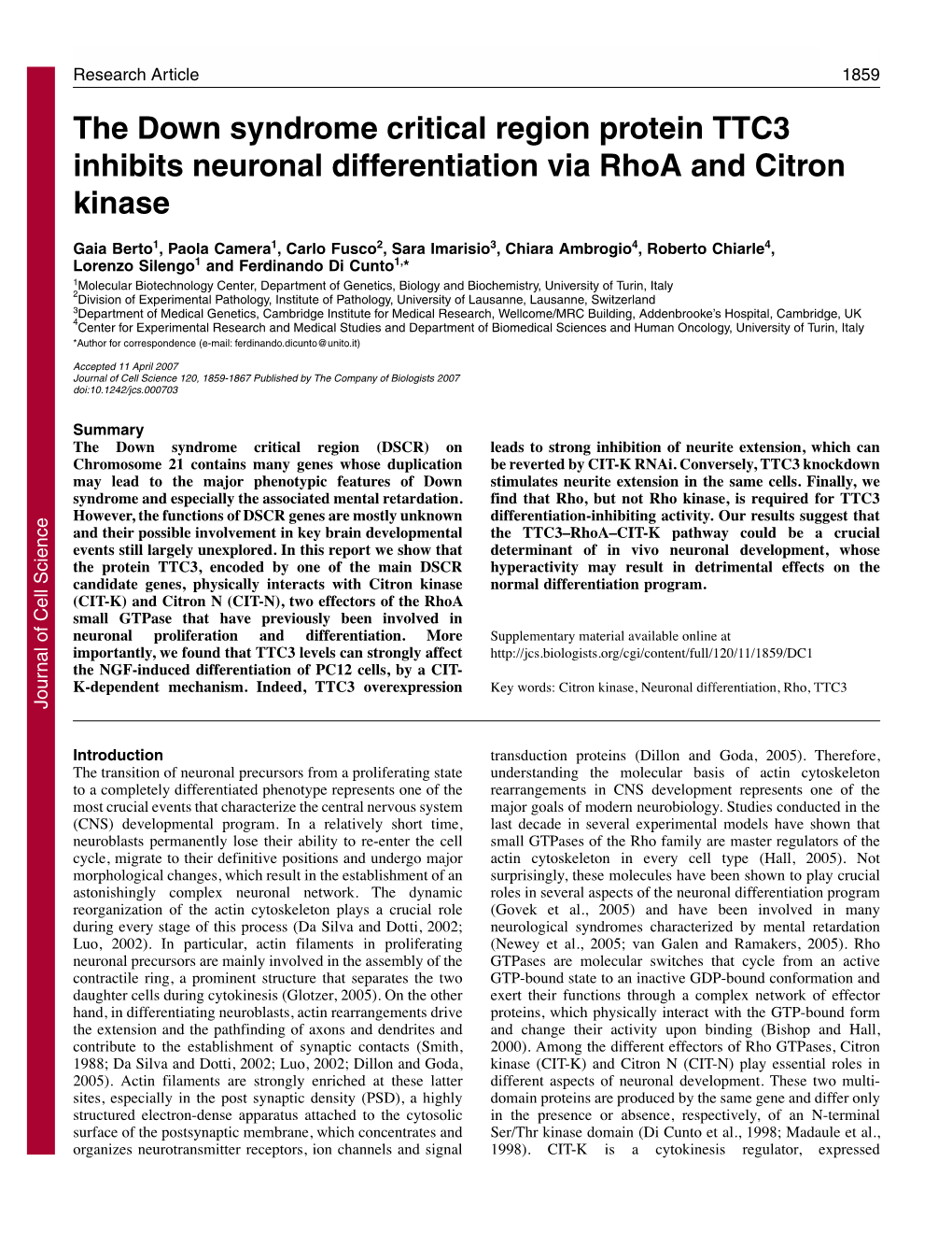 The Down Syndrome Critical Region Protein TTC3 Inhibits Neuronal Differentiation Via Rhoa and Citron Kinase