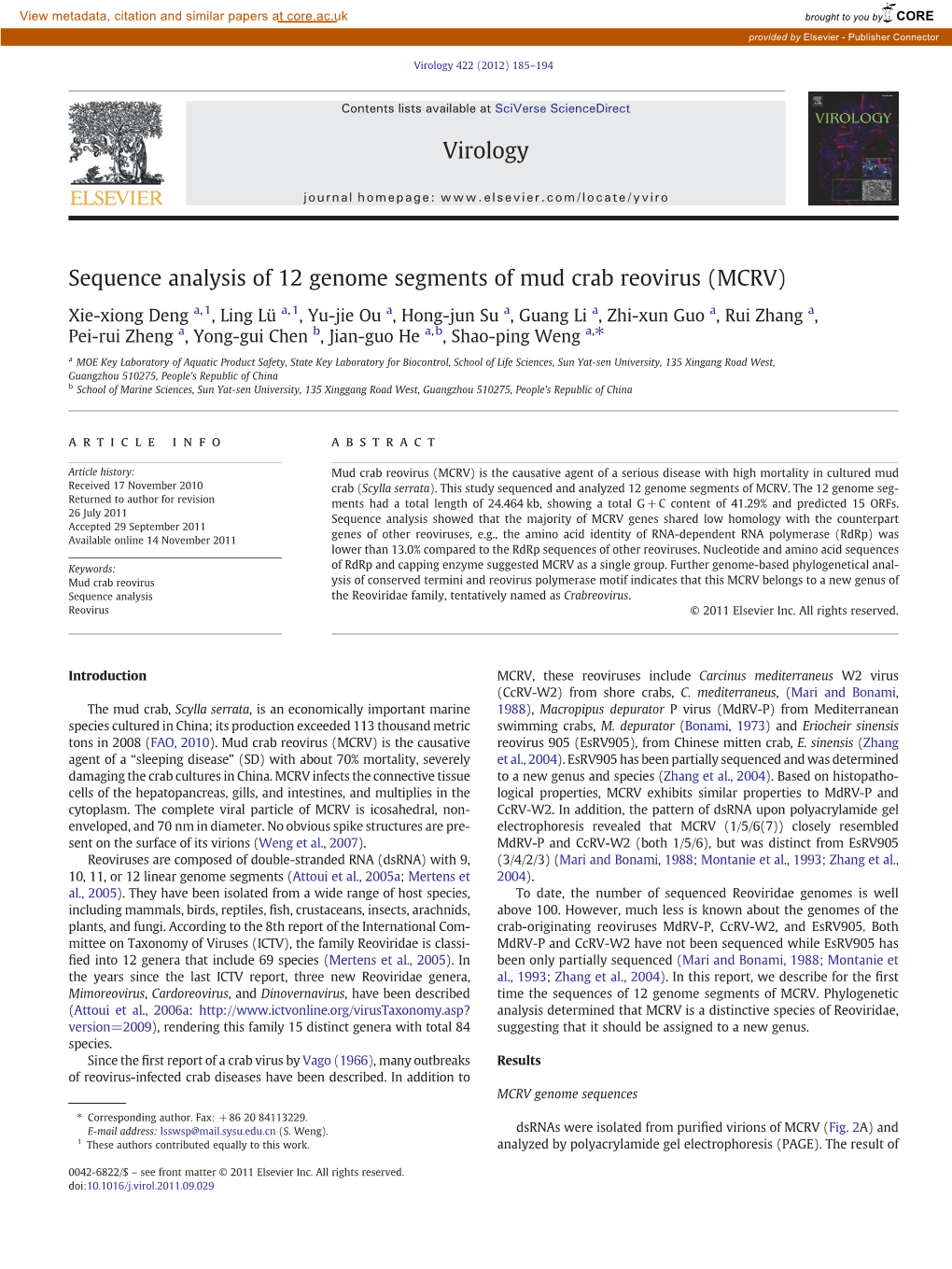 Sequence Analysis of 12 Genome Segments of Mud Crab Reovirus (MCRV)