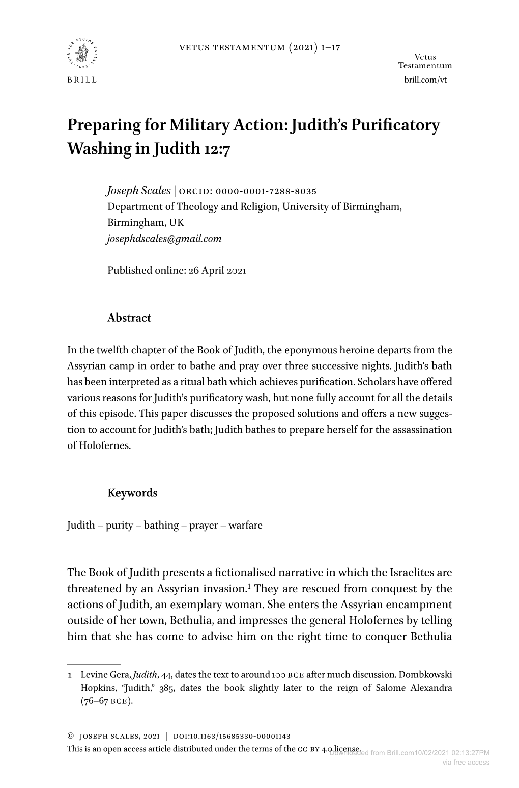 Preparing for Military Action: Judith's Purificatory Washing in Judith 12:7