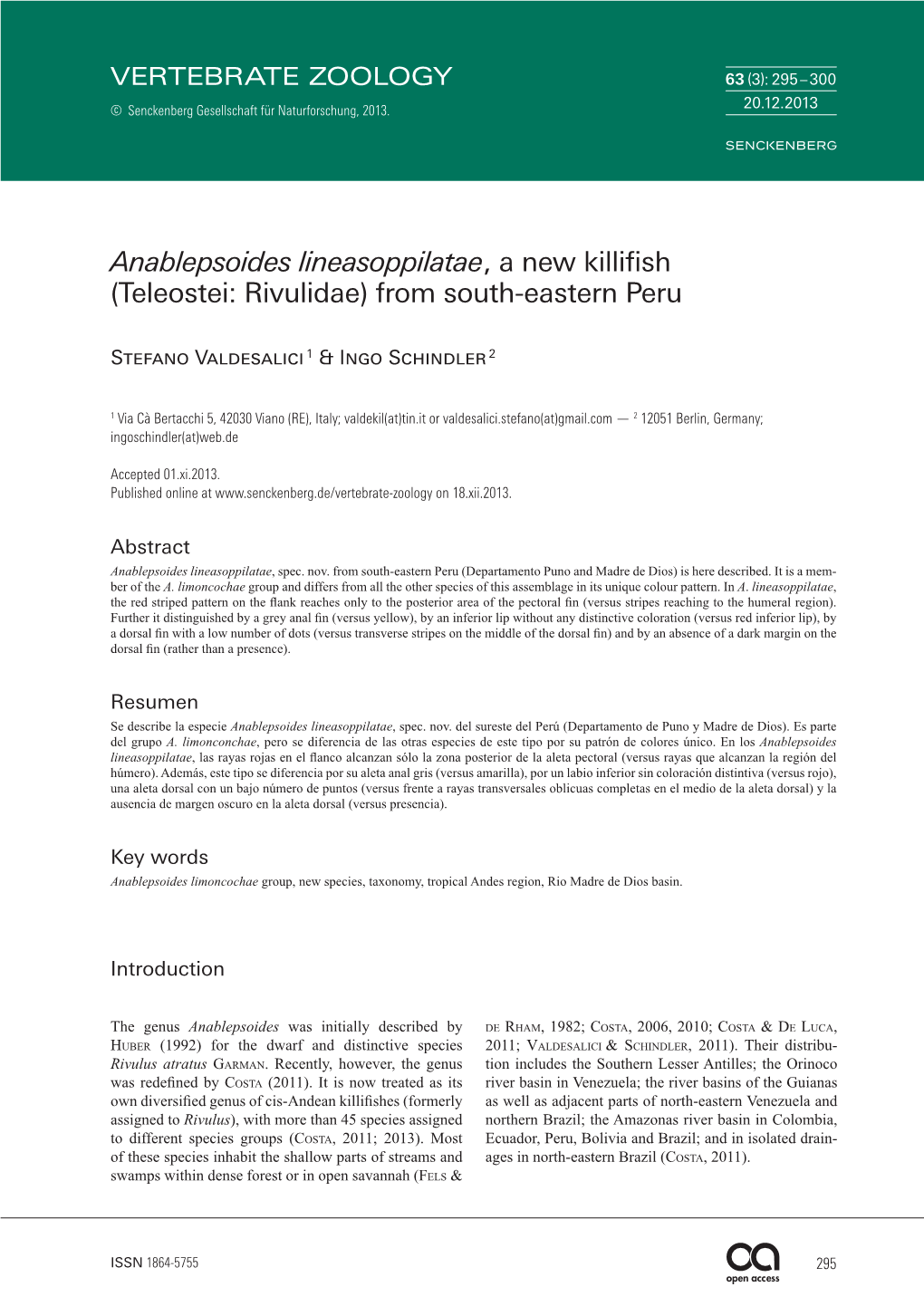 Anablepsoides Lineasoppilatae, a New Killifish (Teleostei: Rivulidae) from South-Eastern Peru