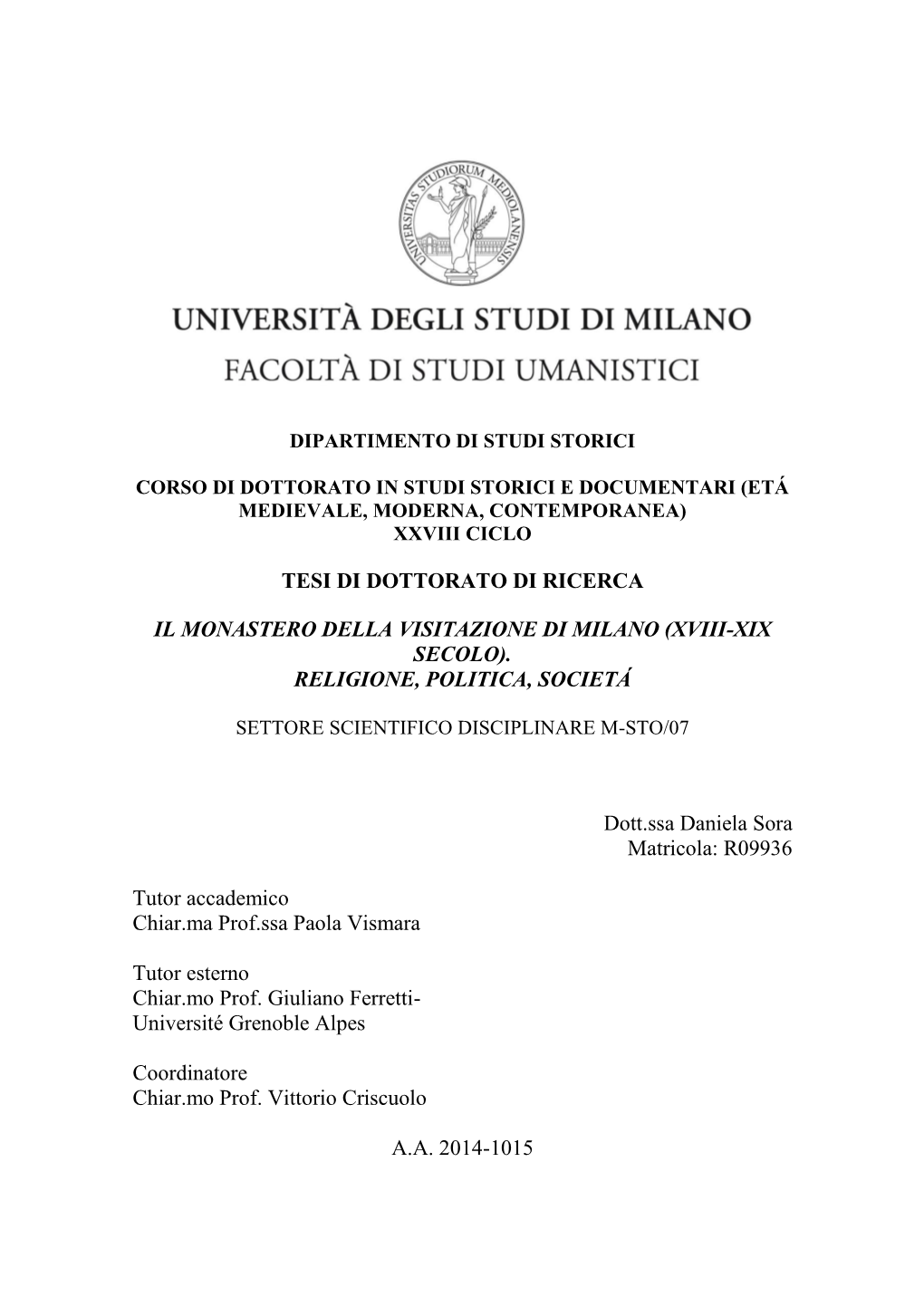 Tesi Di Dottorato Di Ricerca Il Monastero Della Visitazione