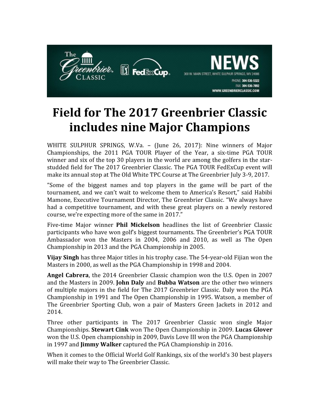 Field for the 2017 Greenbrier Classic Includes Nine Major Champions