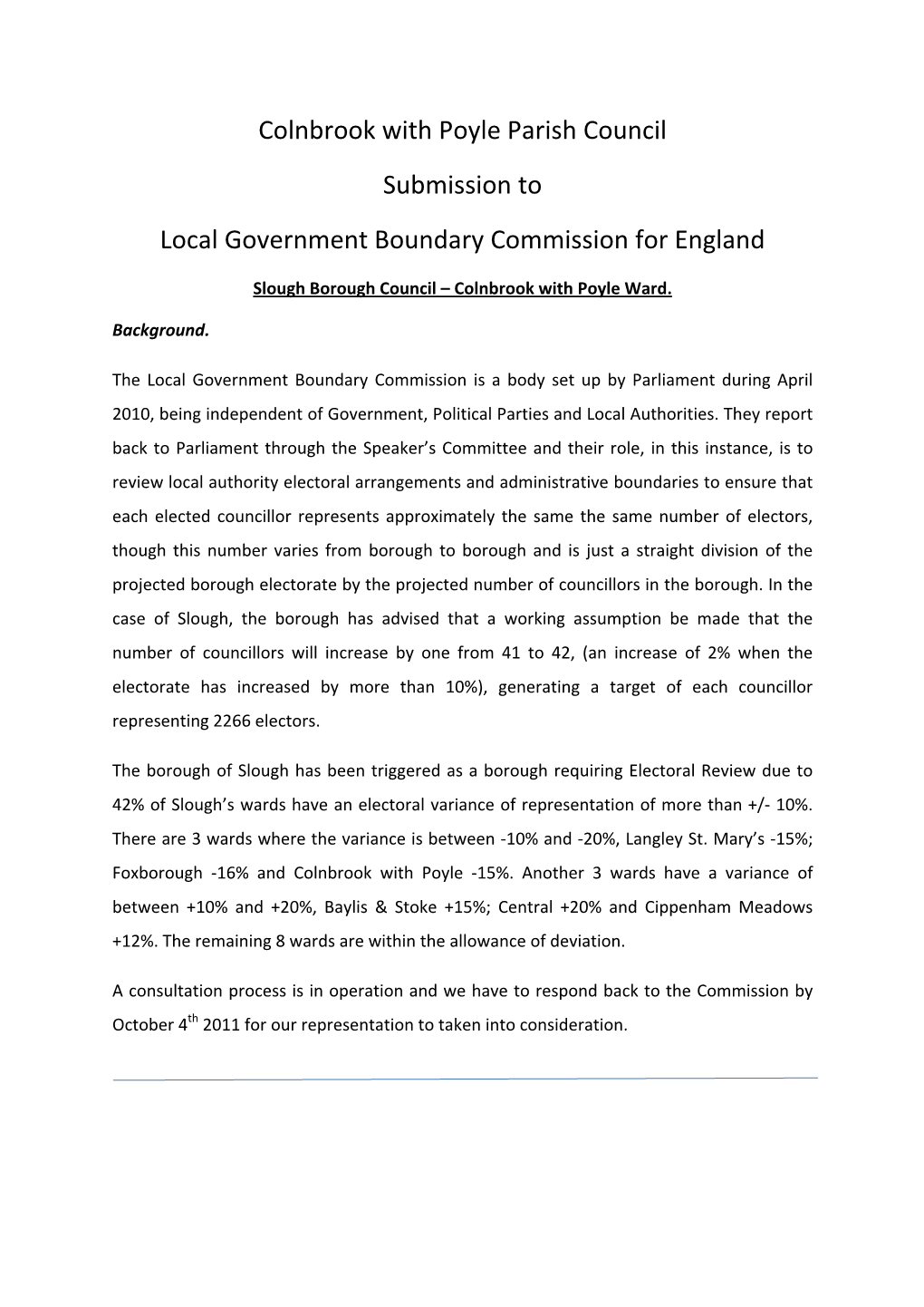 Colnbrook with Poyle Parish Council Submission to Local Government Boundary Commission for England