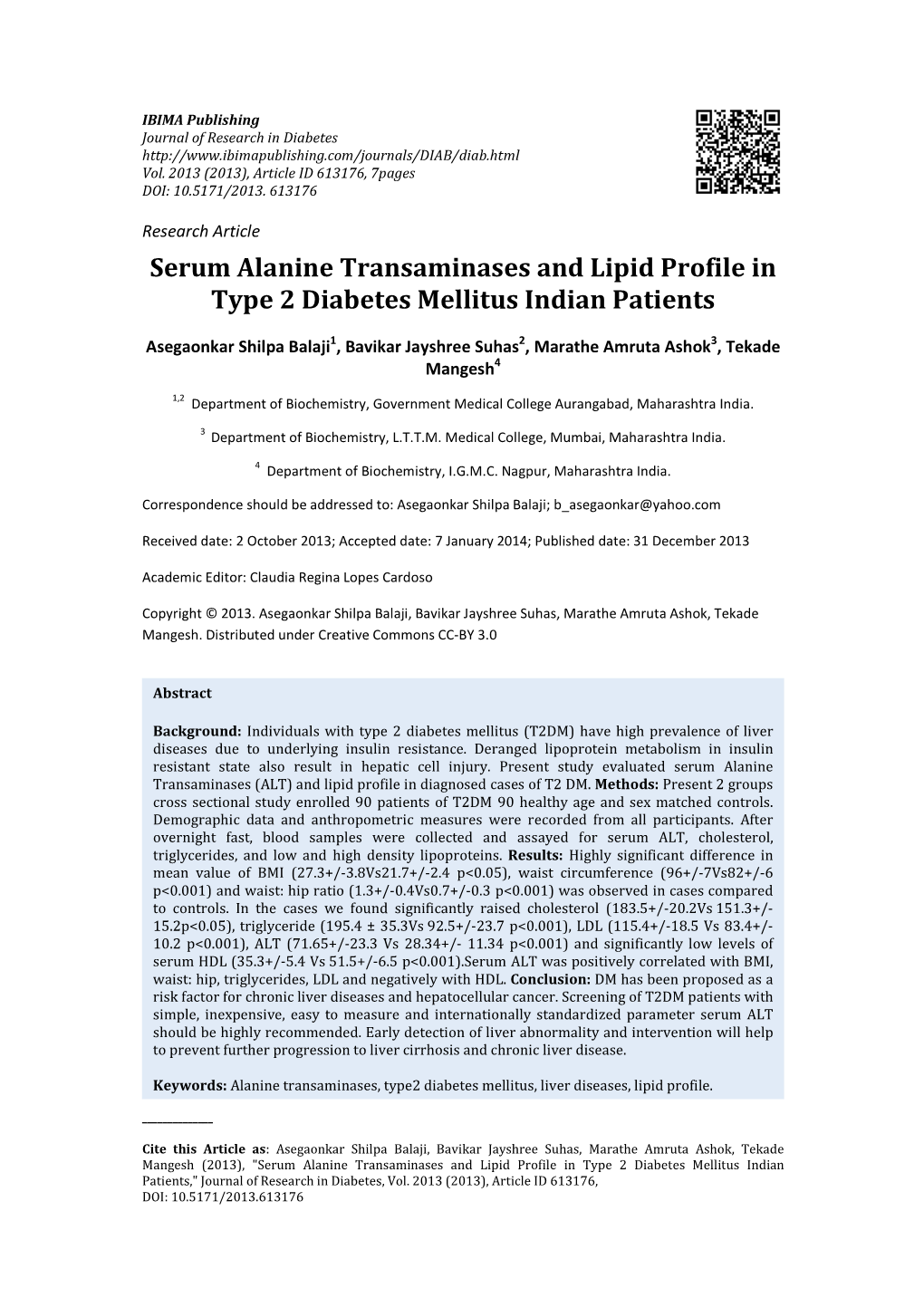 Serum Alanine Transaminases and Lipid Profile in Type 2 Diabetes Mellitus Indian Patients