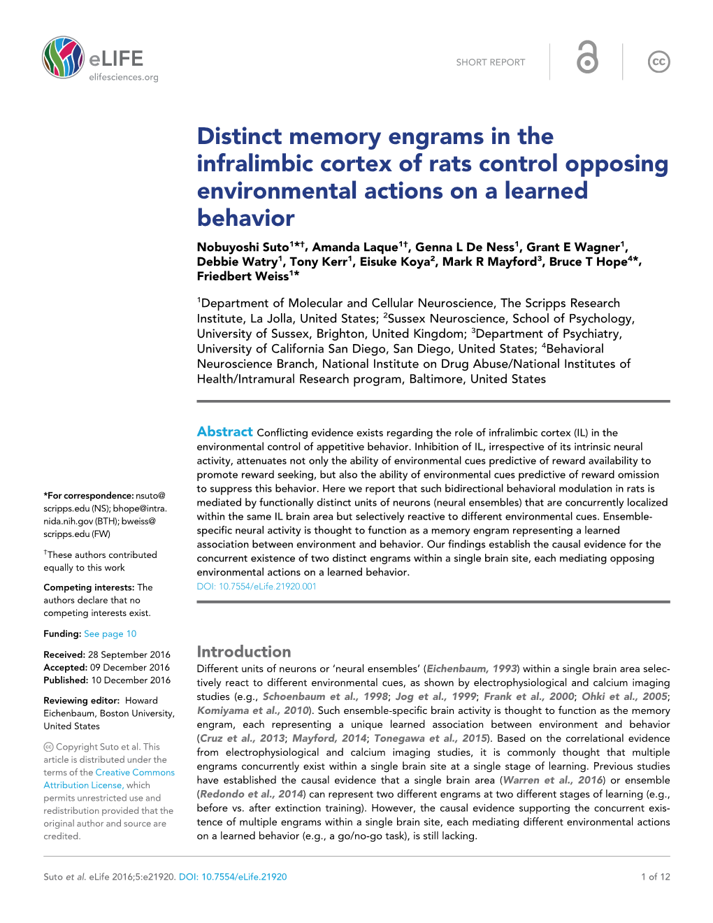 Distinct Memory Engrams in the Infralimbic Cortex of Rats Control