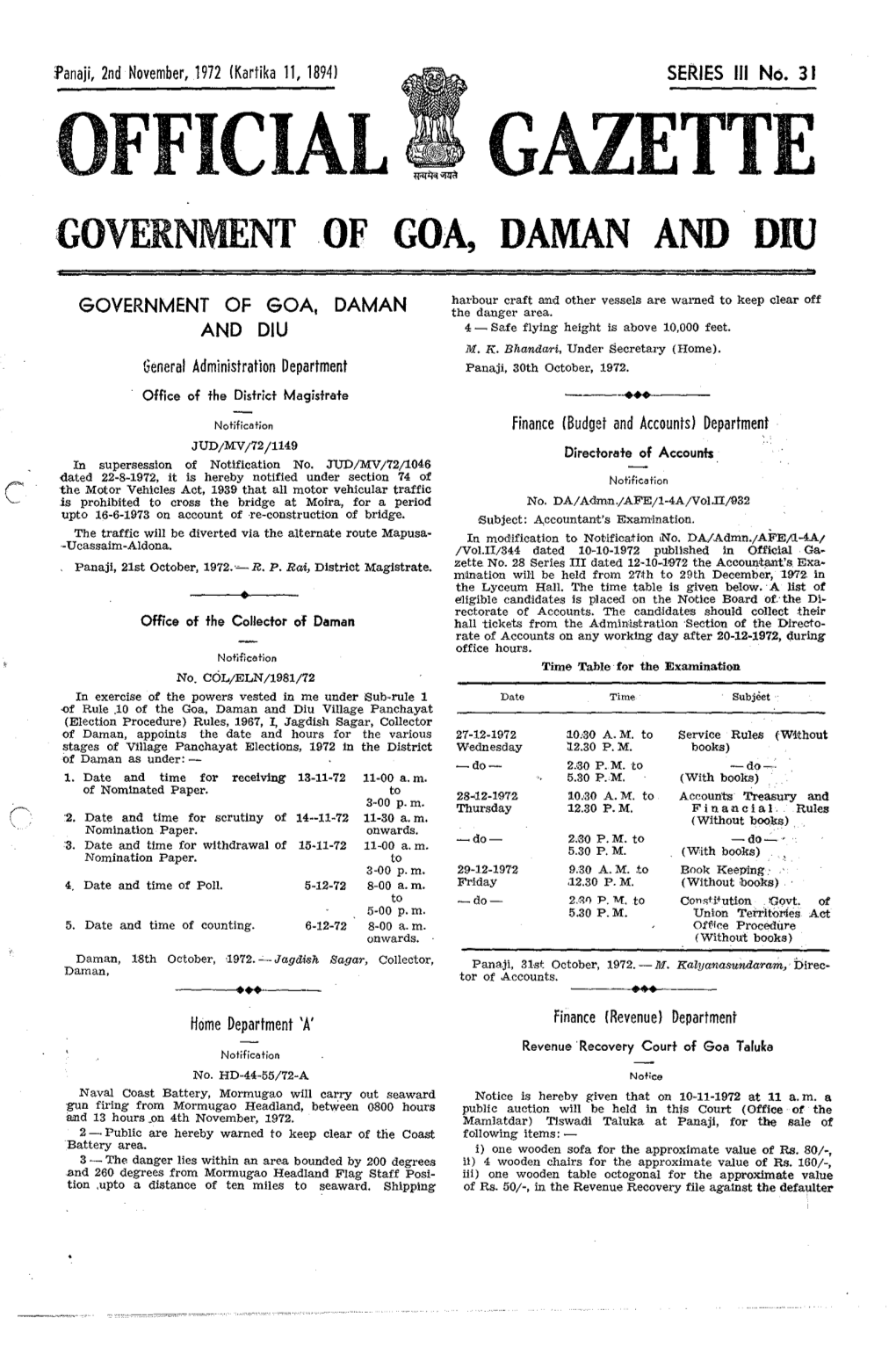 Official Gazette :Governmentof Goa, Daman and Diu