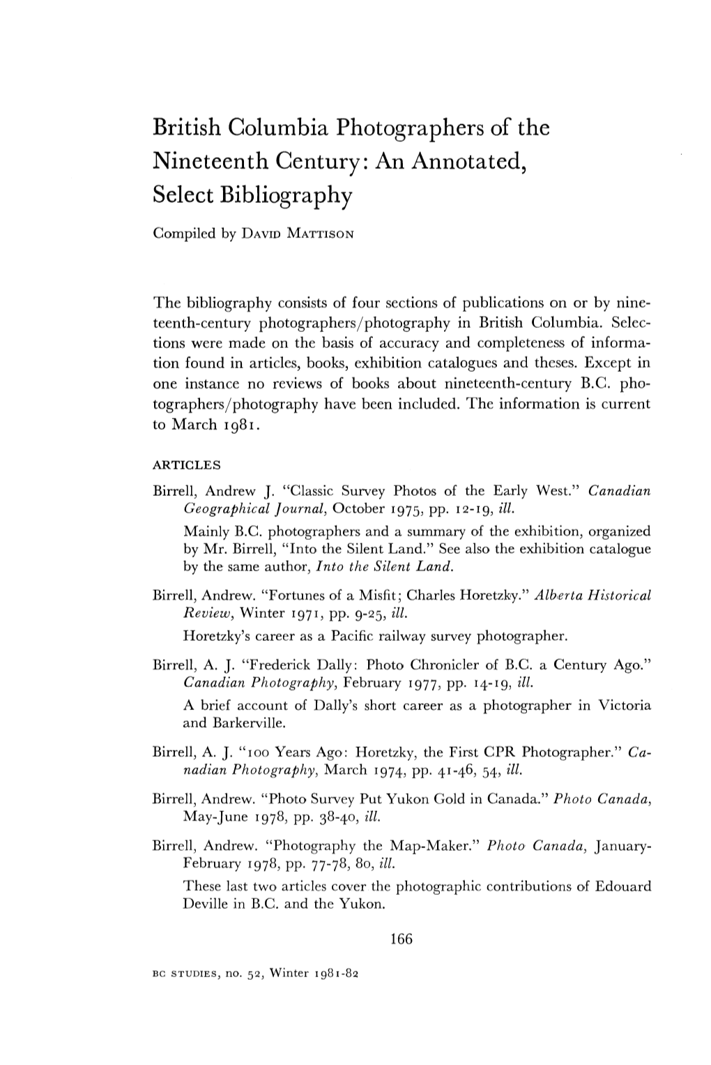 British Columbia Photographers of the Nineteenth Century: an Annotated, Select Bibliography