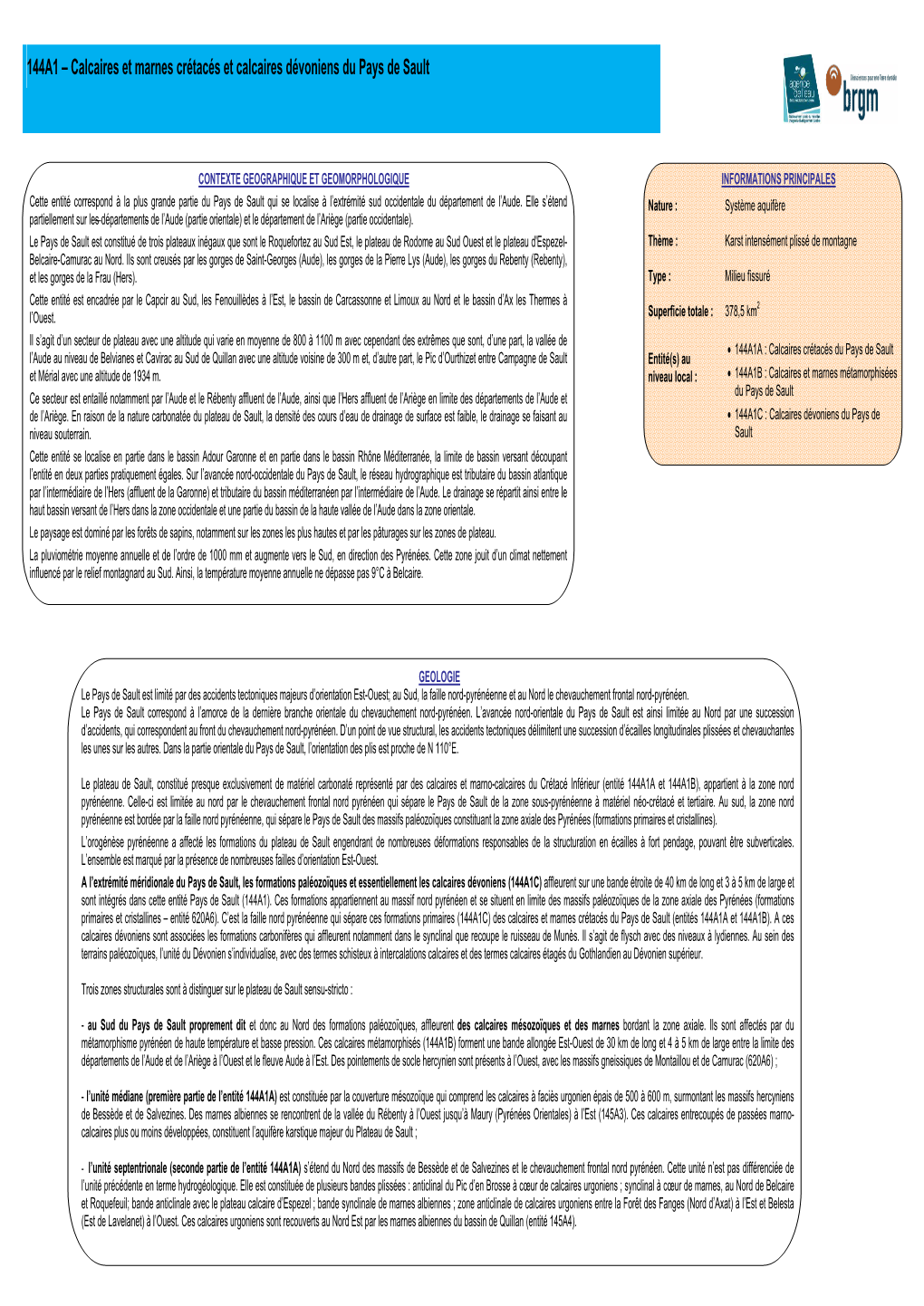 144A1 – Calcaires Et Marnes Crétacés Et Calcaires Dévoniens Du Pays De Sault