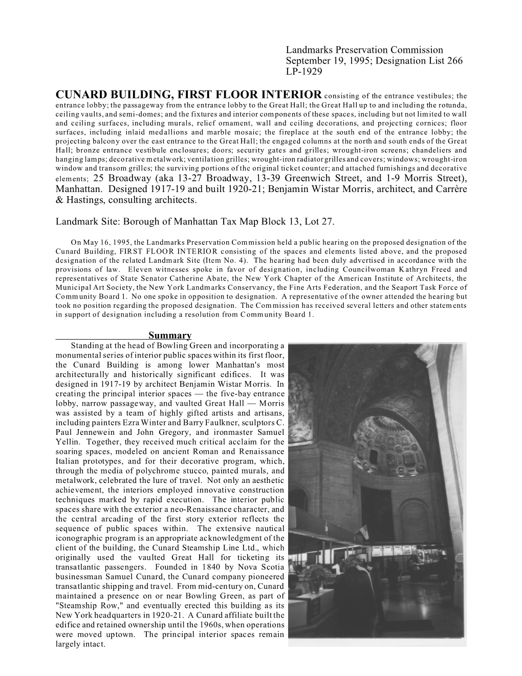 Cunard Building, First Floor Interior Designation Report