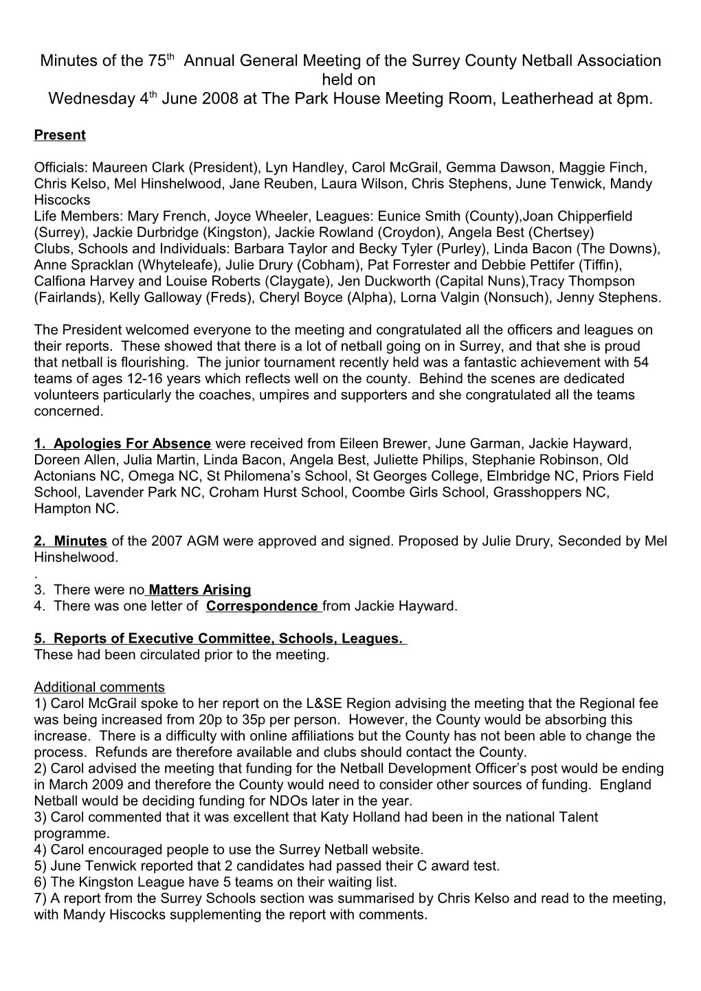 Minutes of the 73Rd Annual General Meeting of the Surrey County Netball Association