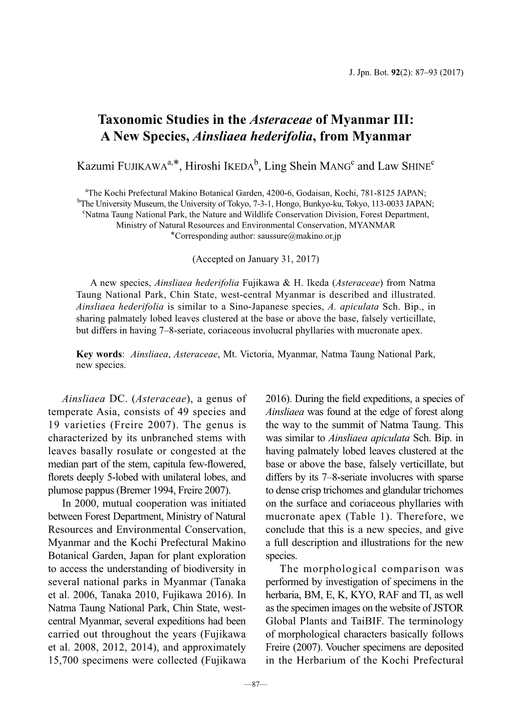 A New Species, Ainsliaea Hederifolia, from Myanmar