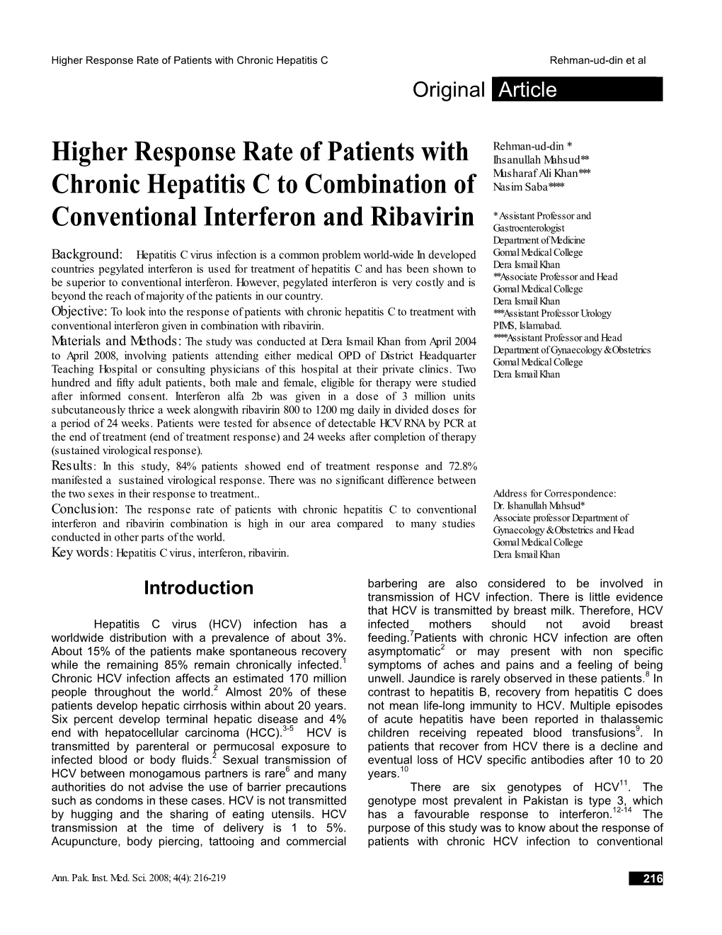 Higher Response Rate of Patients with Chronic Hepatitis C To