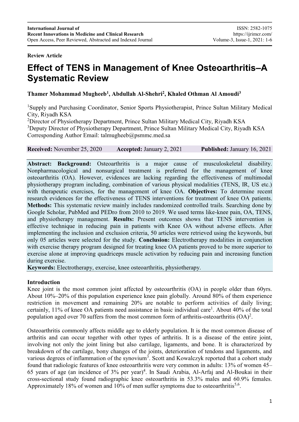 Effect of TENS in Management of Knee Osteoarthritis–A Systematic Review