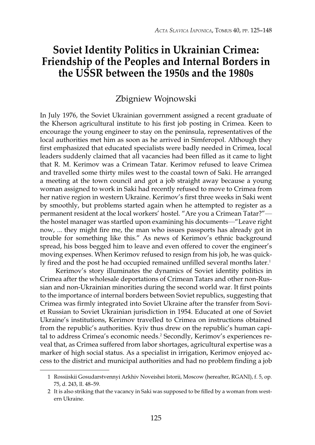 Soviet Identity Politics in Ukrainian Crimea: Friendship of the Peoples and Internal Borders in the USSR Between the 1950S and the 1980S