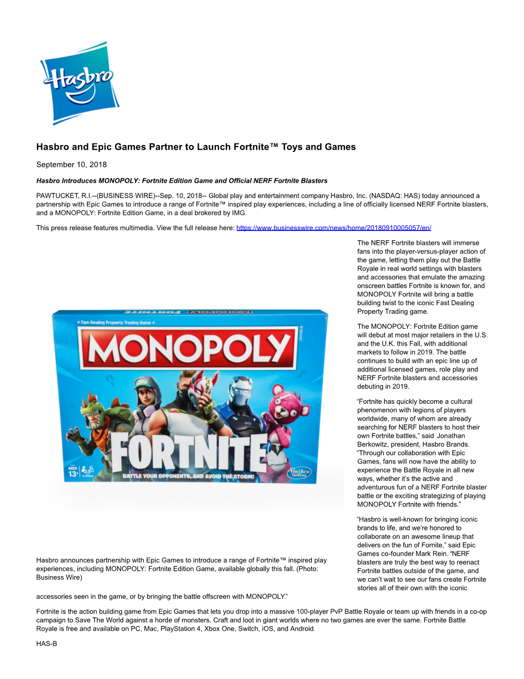 Hasbro and Epic Games Partner to Launch Fortnite™ Toys and Games