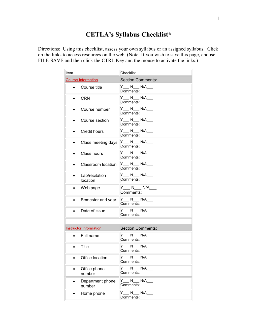 CETLA S Syllabus Checklist*