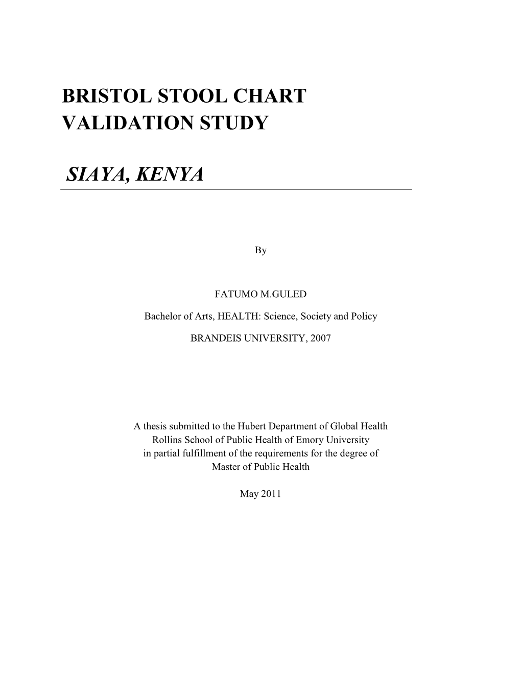 Bristol Stool Chart Validation Study Siaya, Kenya