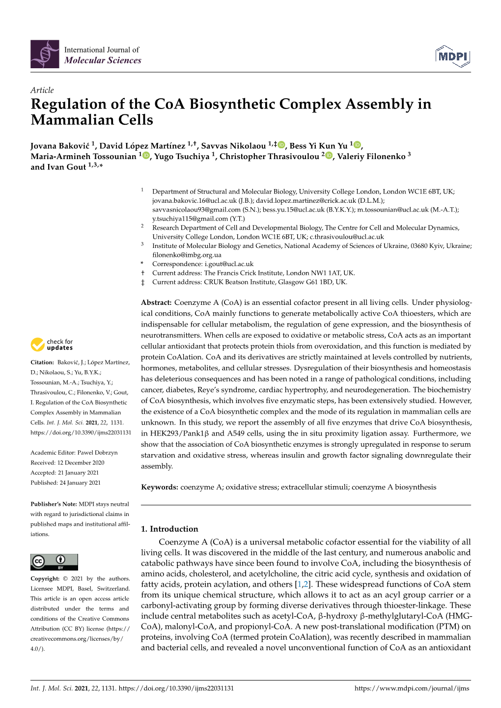 Regulation of the Coa Biosynthetic Complex Assembly in Mammalian Cells