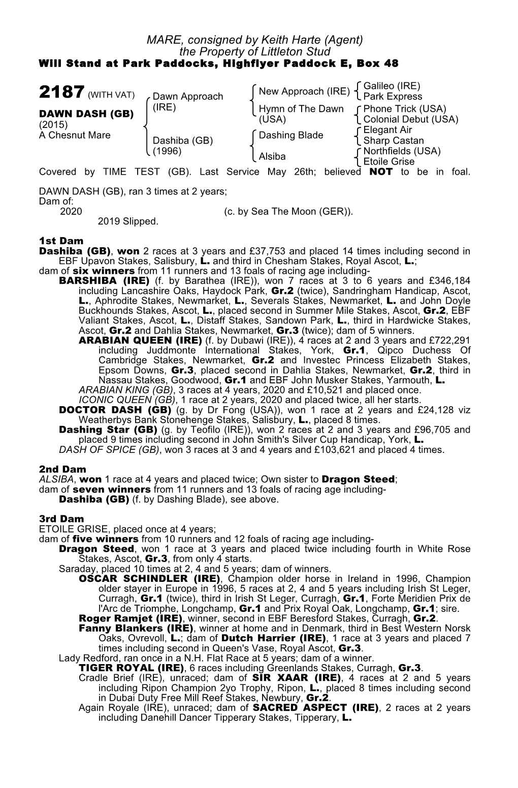 MARE, Consigned by Keith Harte (Agent) the Property of Littleton Stud Will Stand at Park Paddocks, Highflyer Paddock E, Box 48