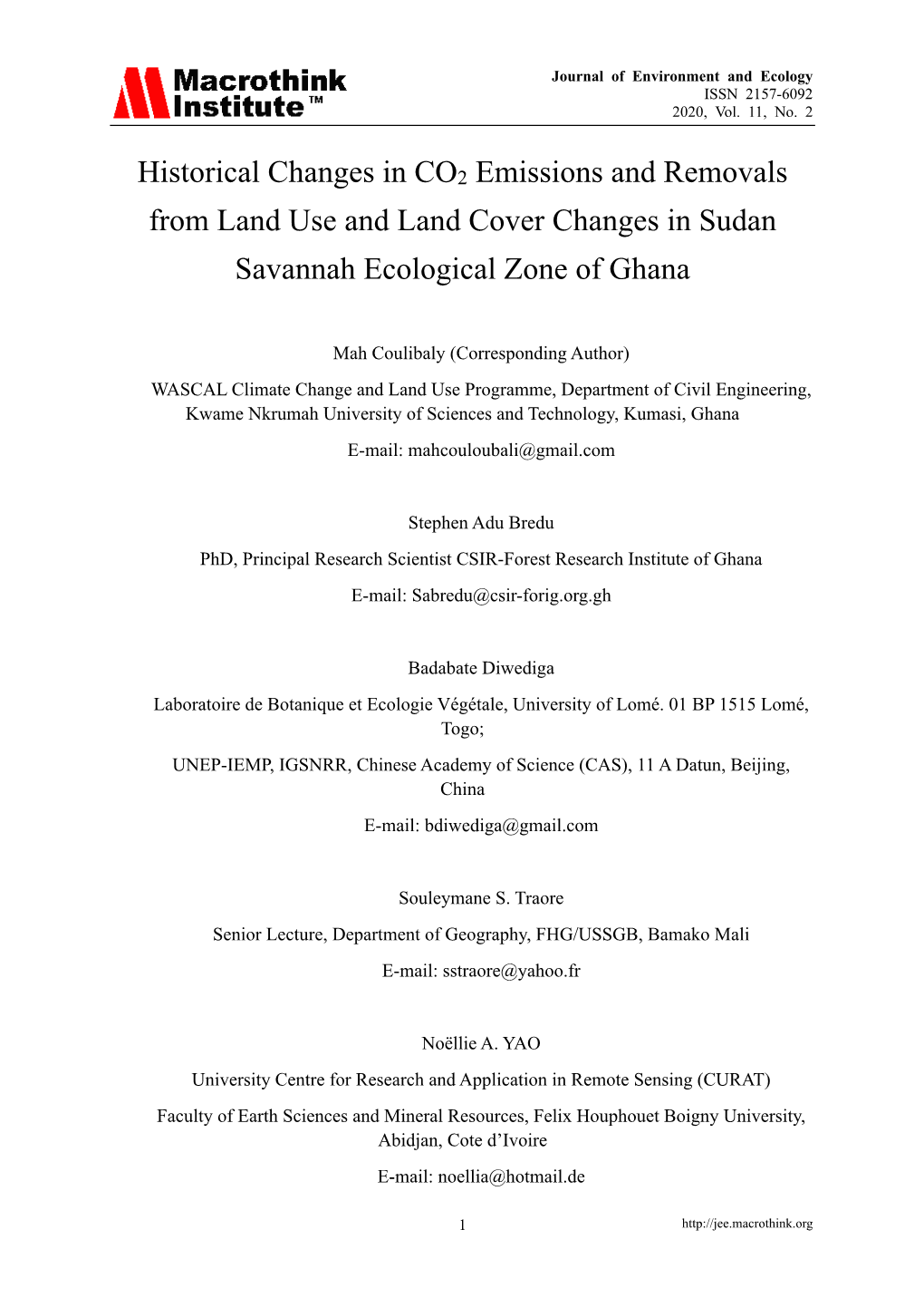 Historical Changes in CO2 Emissions and Removals from Land Use and Land Cover Changes in Sudan Savannah Ecological Zone of Ghana