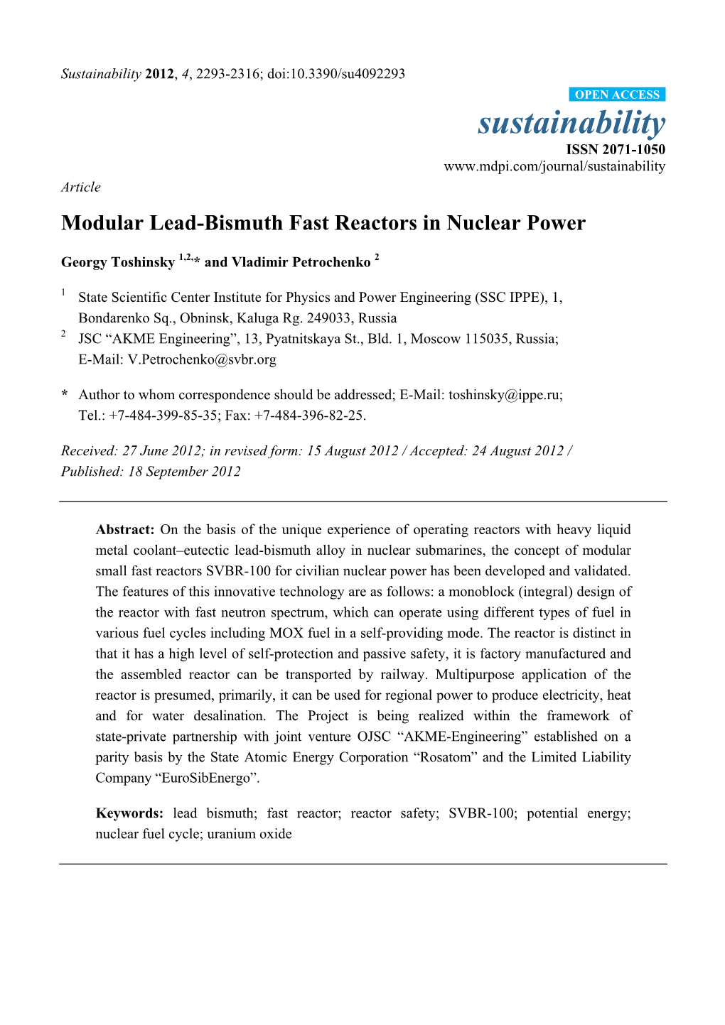 Modular Lead-Bismuth Fast Reactors in Nuclear Power