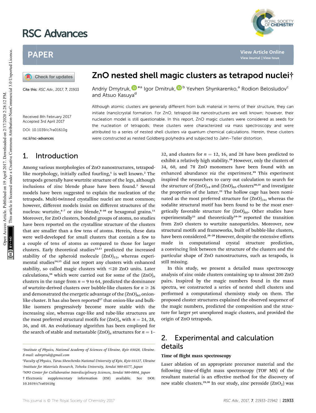 Zno Nested Shell Magic Clusters As Tetrapod Nuclei†