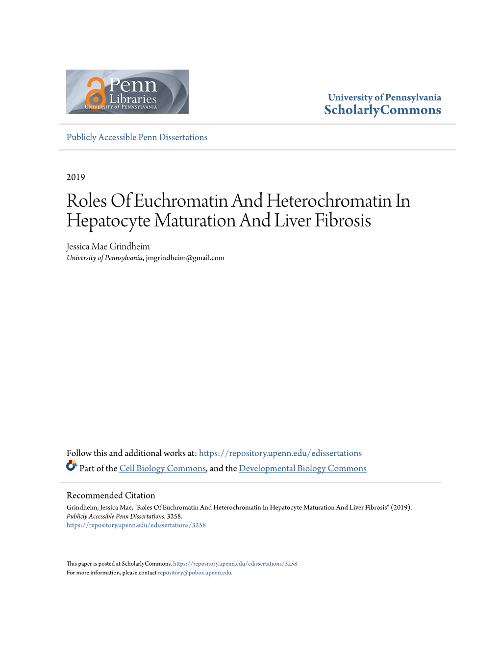 Roles of Euchromatin and Heterochromatin in Hepatocyte Maturation and Liver Fibrosis Jessica Mae Grindheim University of Pennsylvania, Jmgrindheim@Gmail.Com