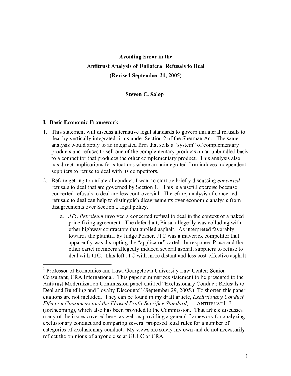 1 Avoiding Error in the Antitrust Analysis of Unilateral Refusals To