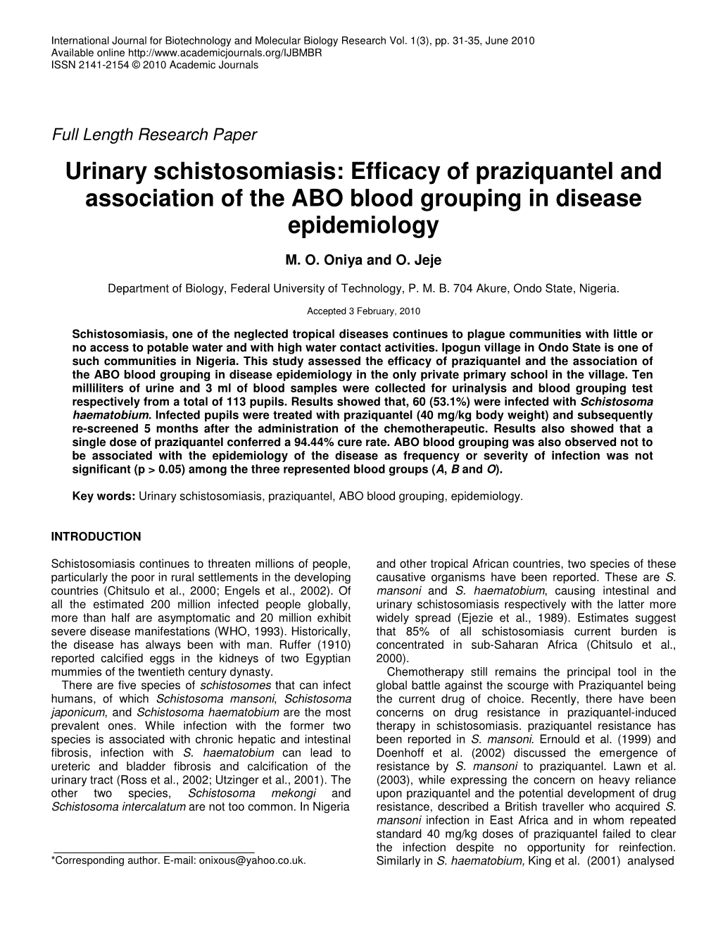 Urinary Schistosomiasis: Efficacy of Praziquantel and Association of the ABO Blood Grouping in Disease Epidemiology