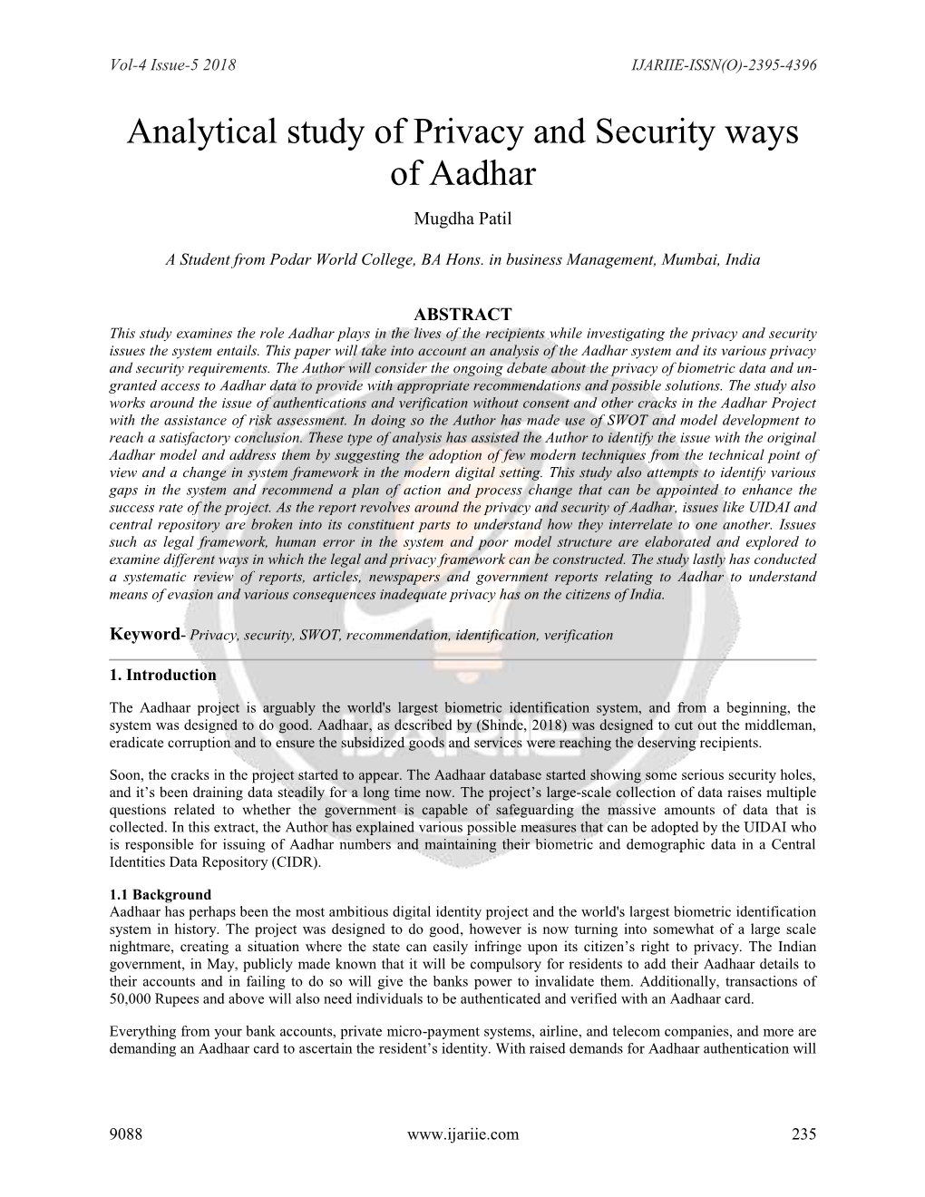 Analytical Study of Privacy and Security Ways of Aadhar Mugdha Patil