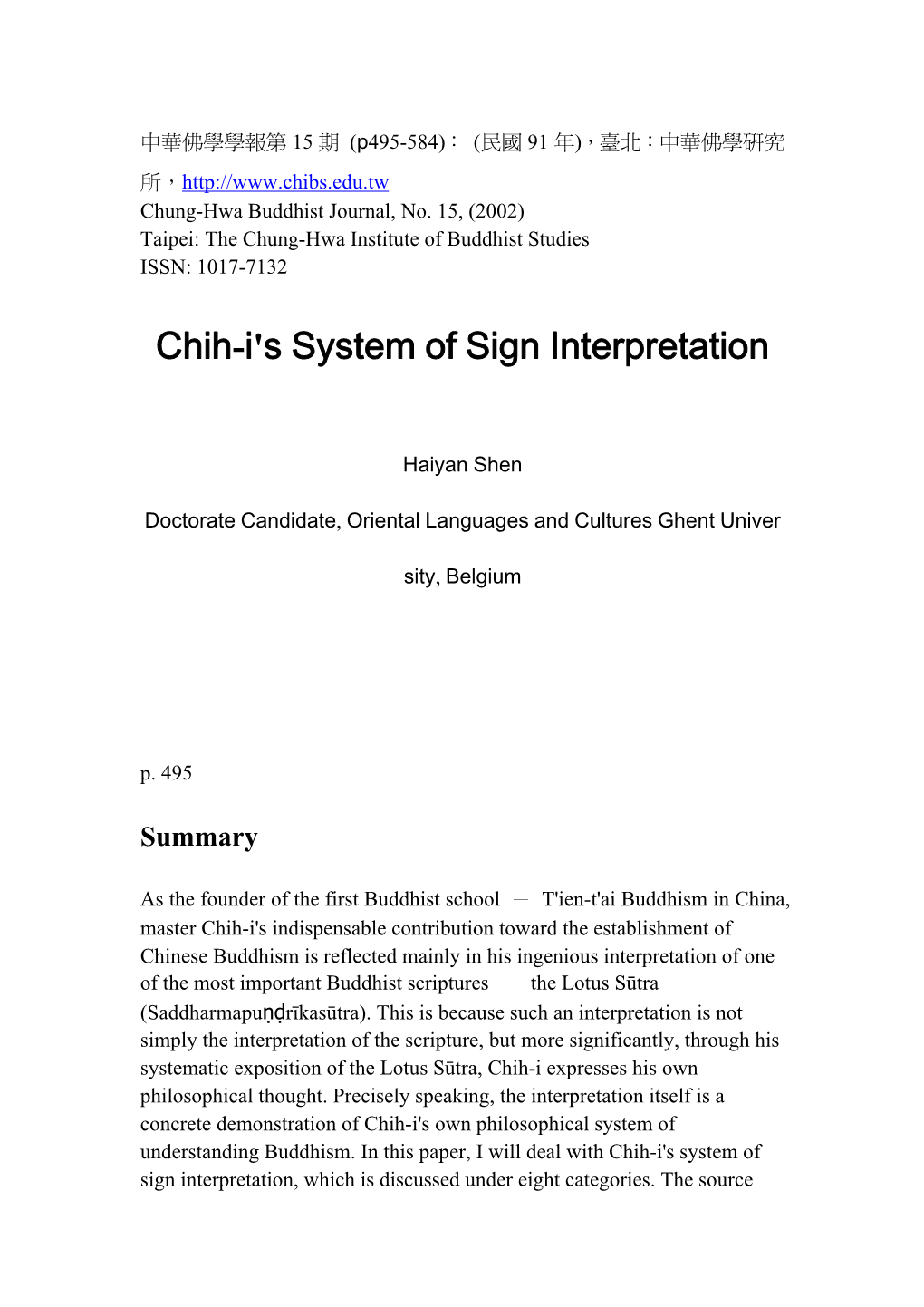 Chih-I's System of Sign Interpretation