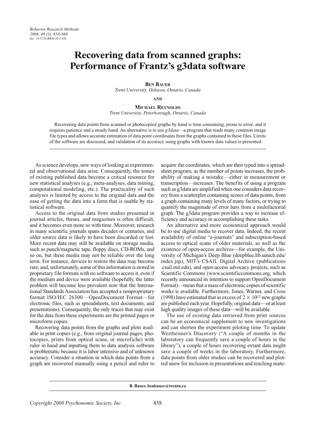 Recovering Data from Scanned Graphs: Performance of Frantz’S G3data Software