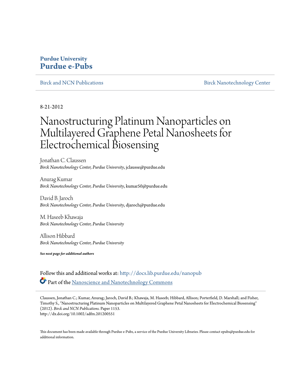 Nanostructuring Platinum Nanoparticles on Multilayered Graphene Petal Nanosheets for Electrochemical Biosensing Jonathan C