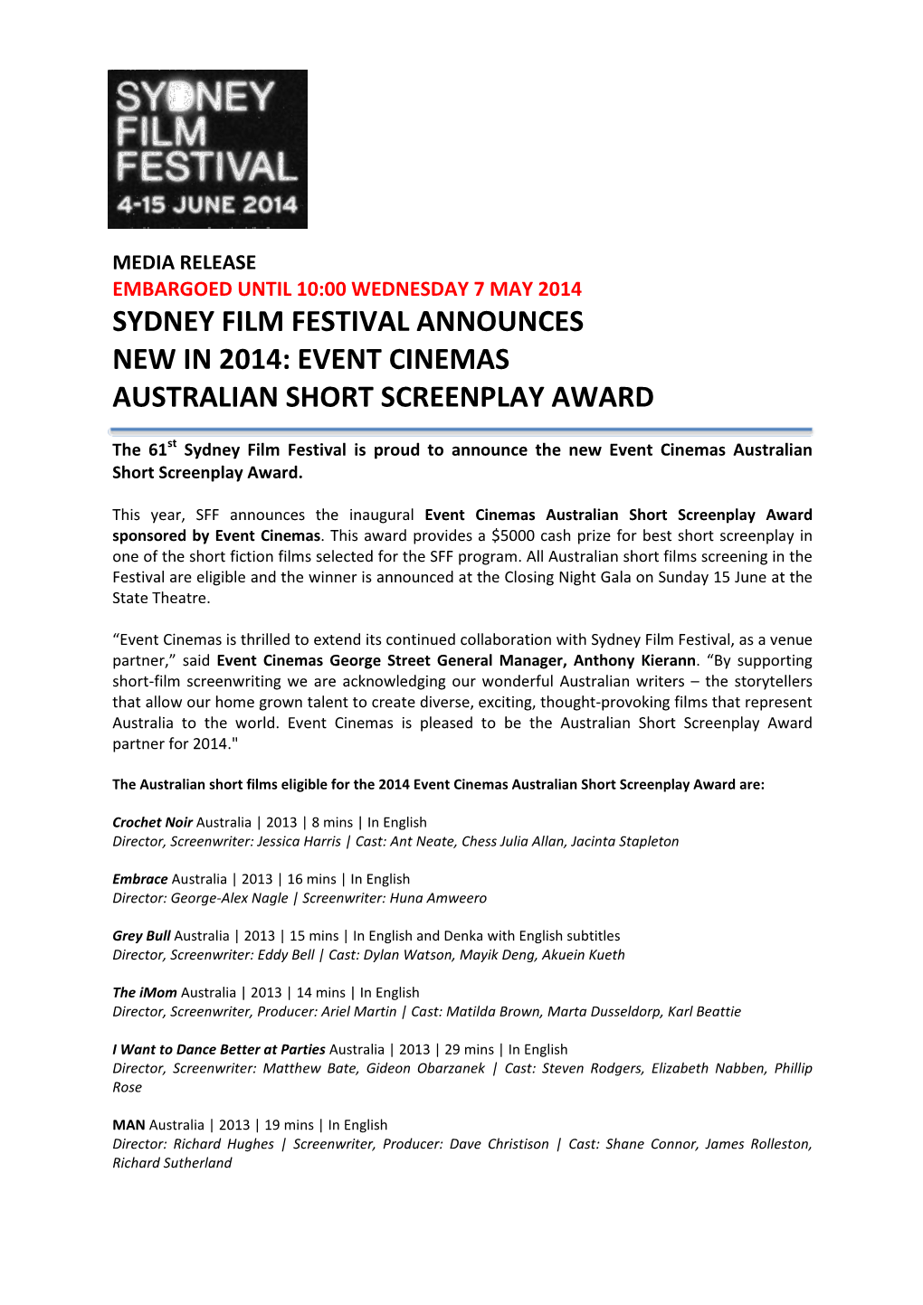 Event Cinemas Australian Short Screenplay Award