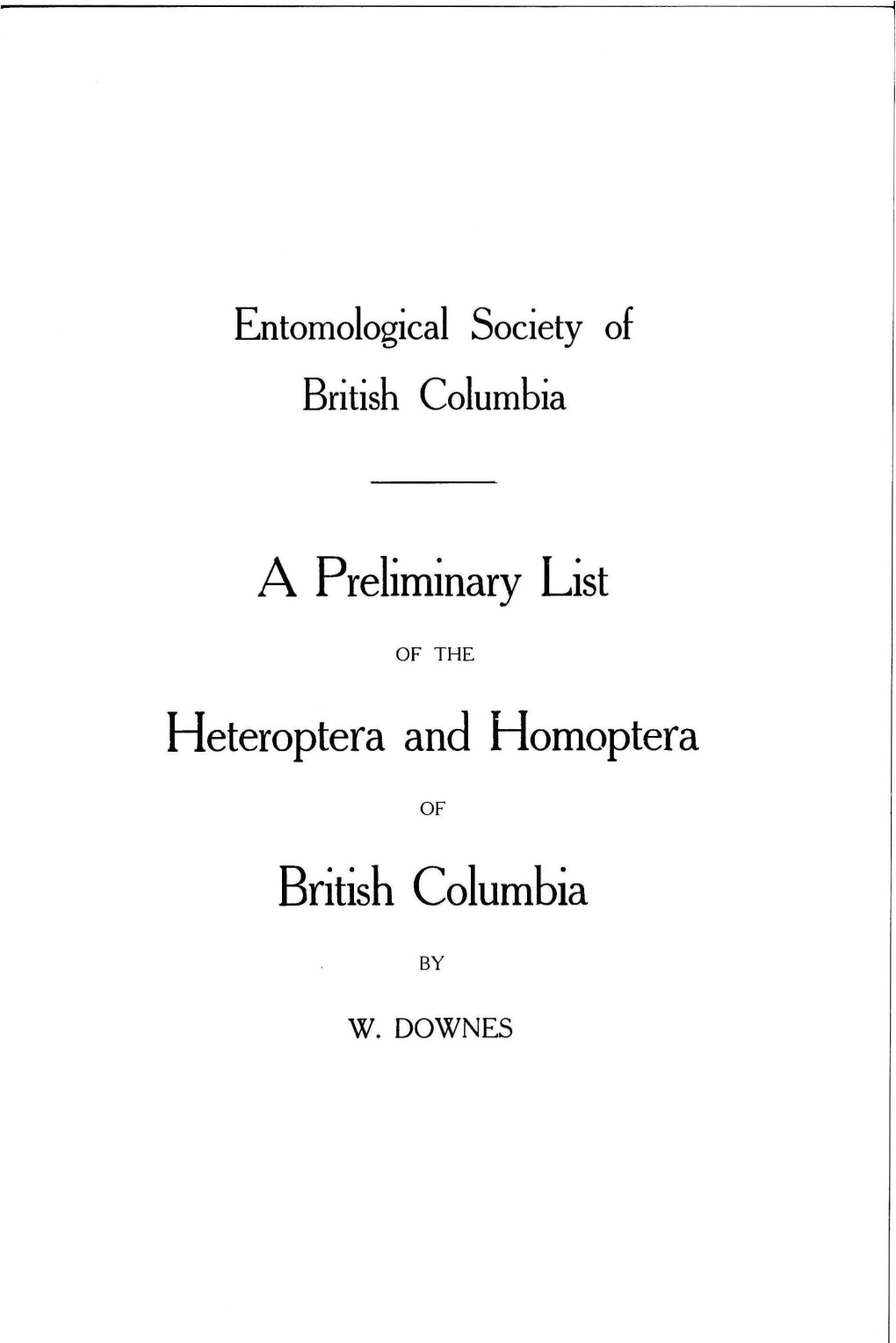 A Preliminary List Heteroptera and Homoptera British Columbia