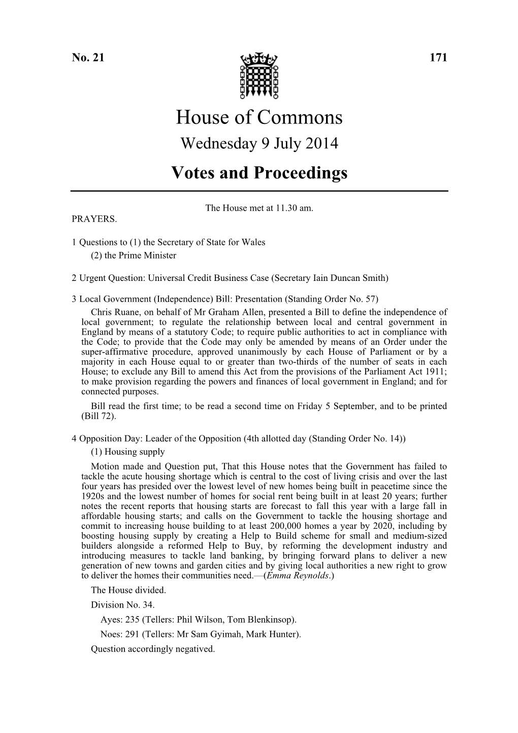 House of Commons Wednesday 9 July 2014 Votes and Proceedings