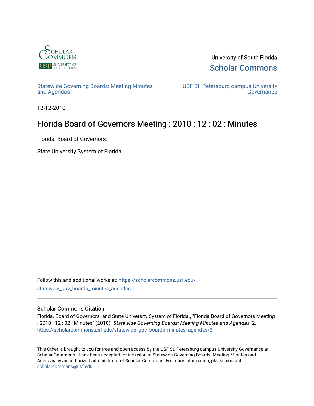 Florida Board of Governors Meeting : 2010 : 12 : 02 : Minutes