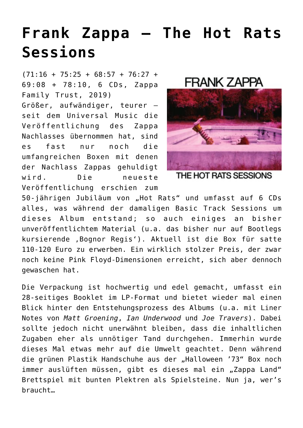 Frank Zappa – the Hot Rats Sessions