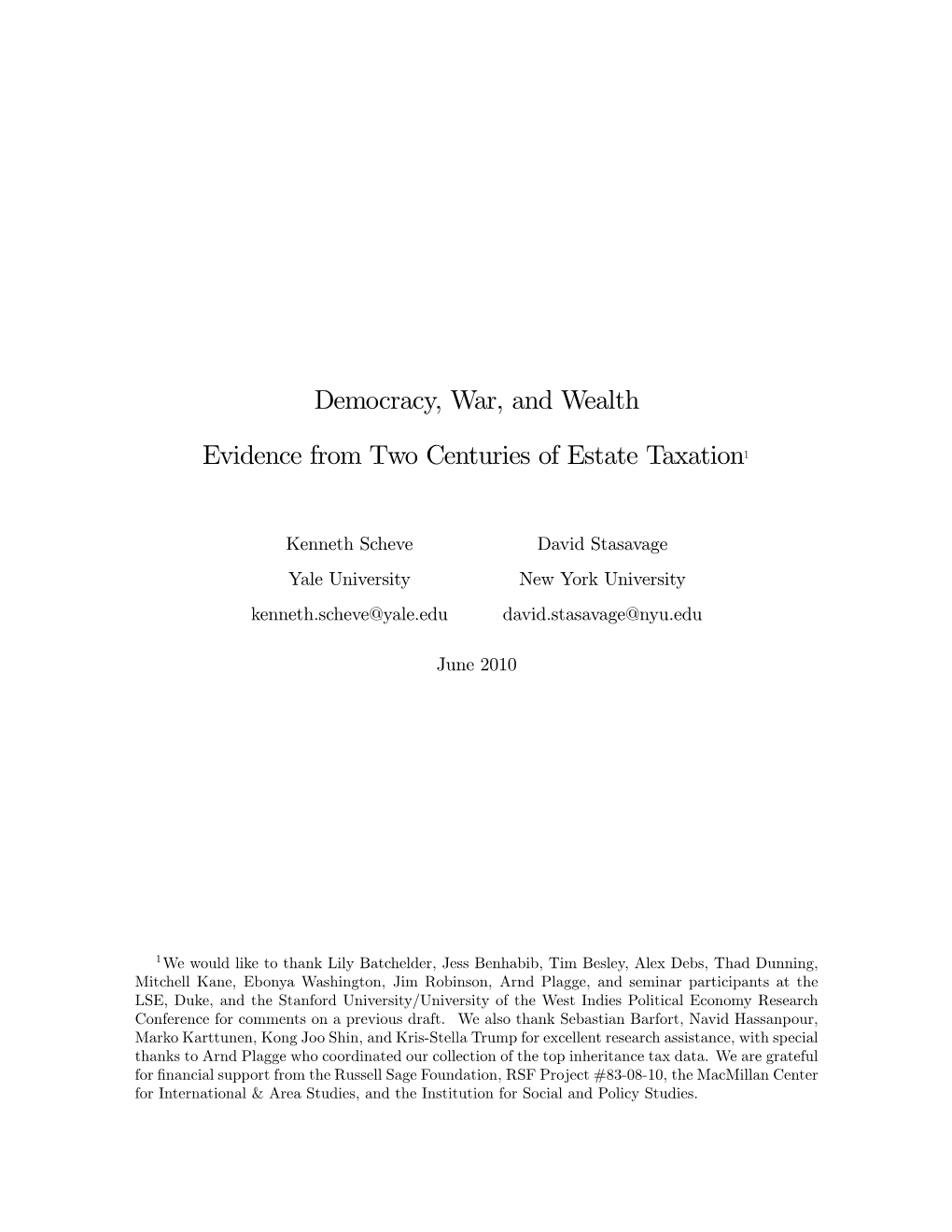 Democracy, War, and Wealth Evidence from Two Centuries of Estate Taxation1