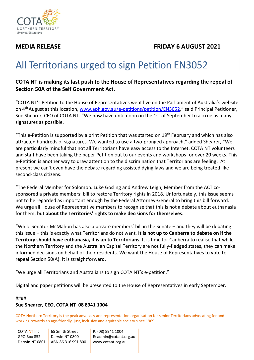 All Territorians Urged to Sign Petition EN3052
