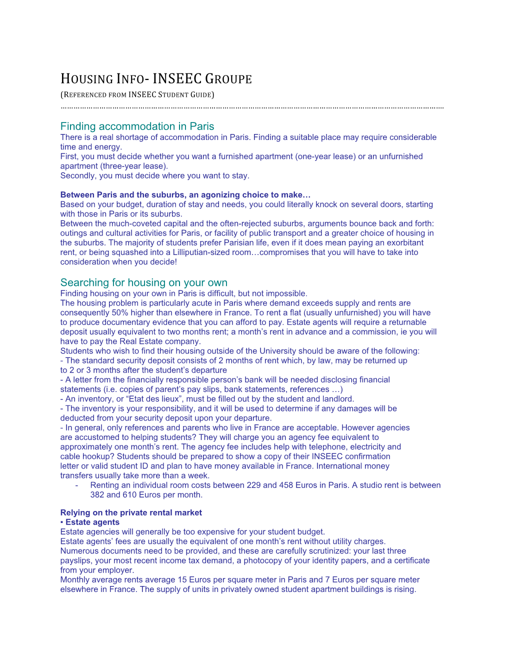 Housing Info‐ Inseec Groupe (Referenced from Inseec Student Guide) ……………………………………………………………………………………………………………………………………………………………