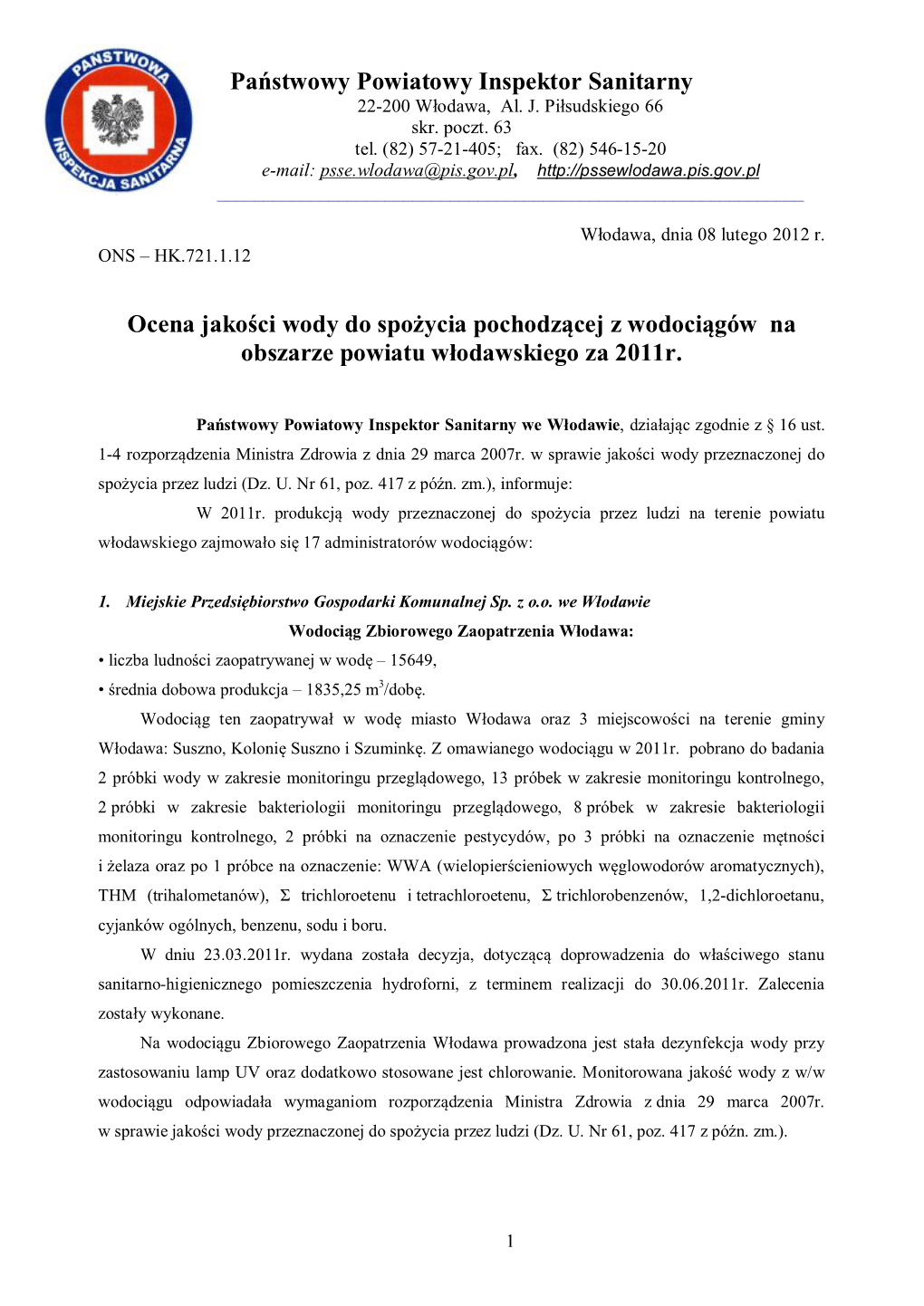 Państwowy Powiatowy Inspektor Sanitarny 22-200 Włodawa, Al