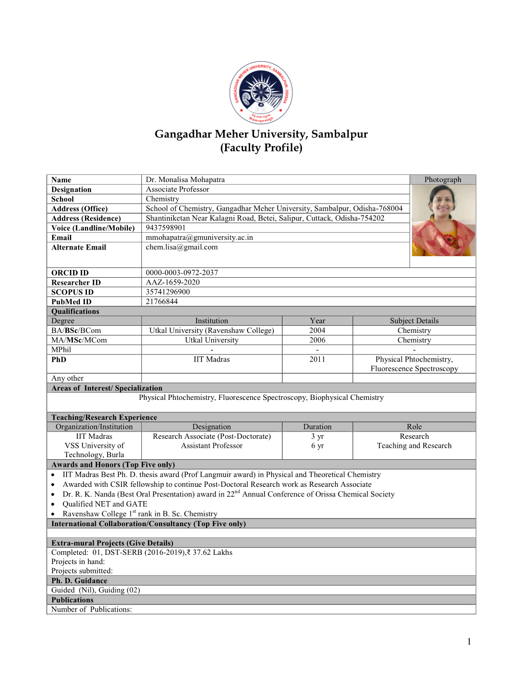 Gangadhar Meher University, Sambalpur (Faculty Profile)