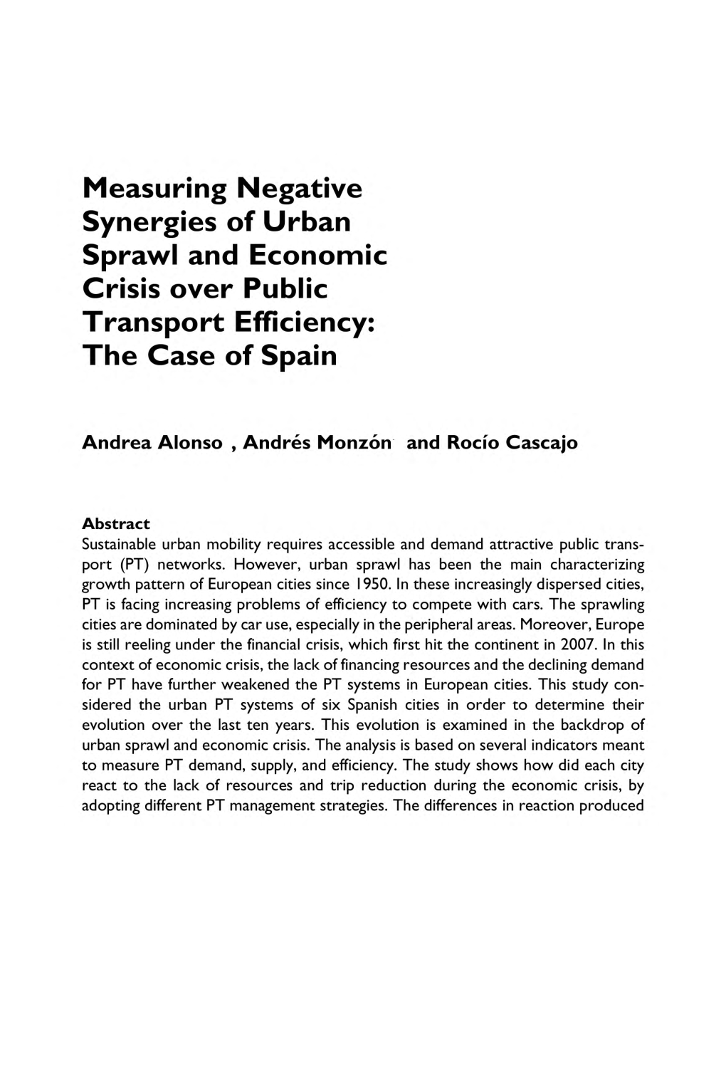 Measuring Negative Synergies of Urban Sprawl and Economic Crisis Over Public Transport Efficiency: the Case of Spain